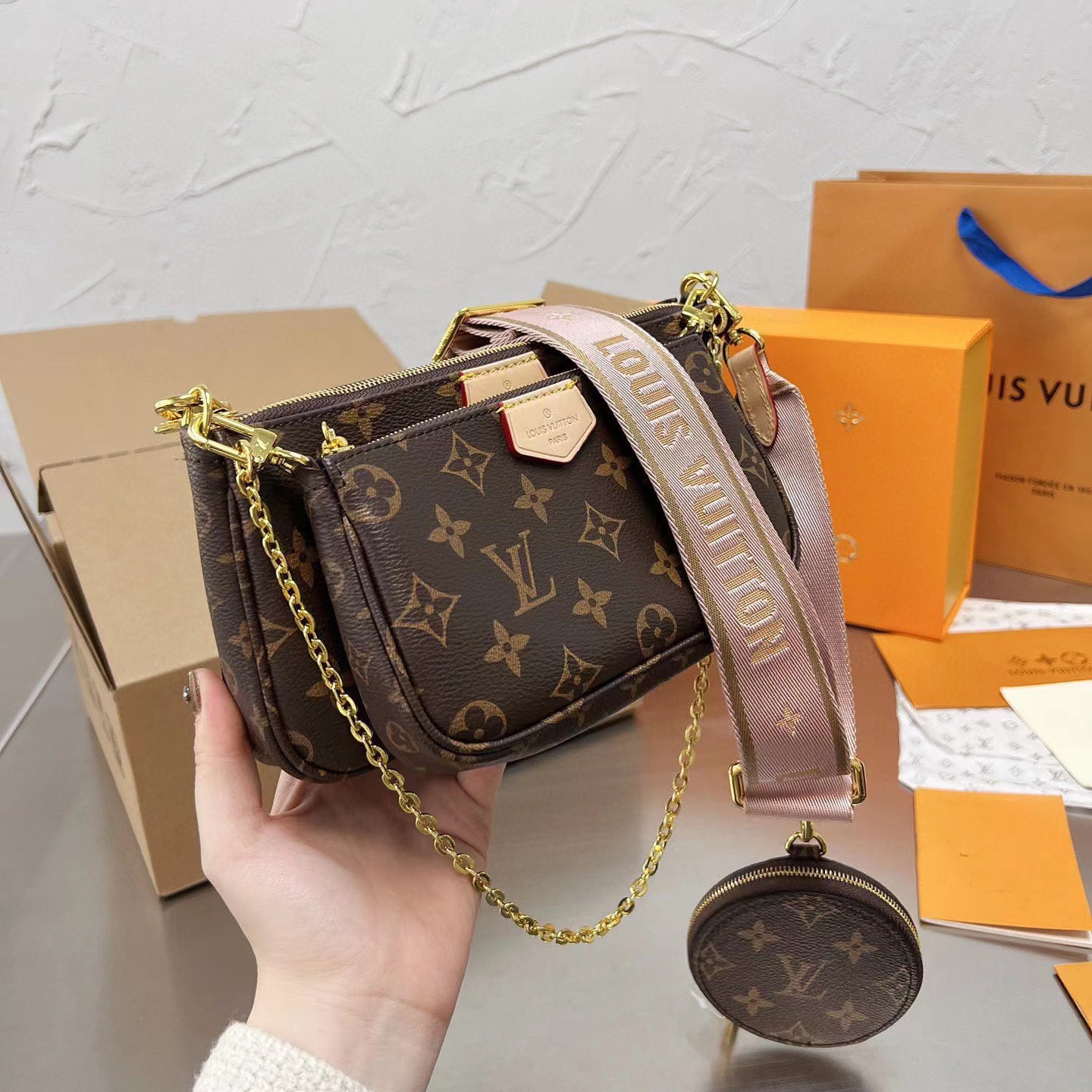 Handmade Leather Crossbody Bag Monogram Brown Multi Pochette