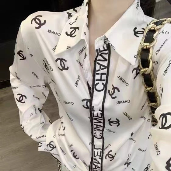 Small fragrance letter printing sky silk satin long-sleeved shirt loose temperament mid-length polo top tide