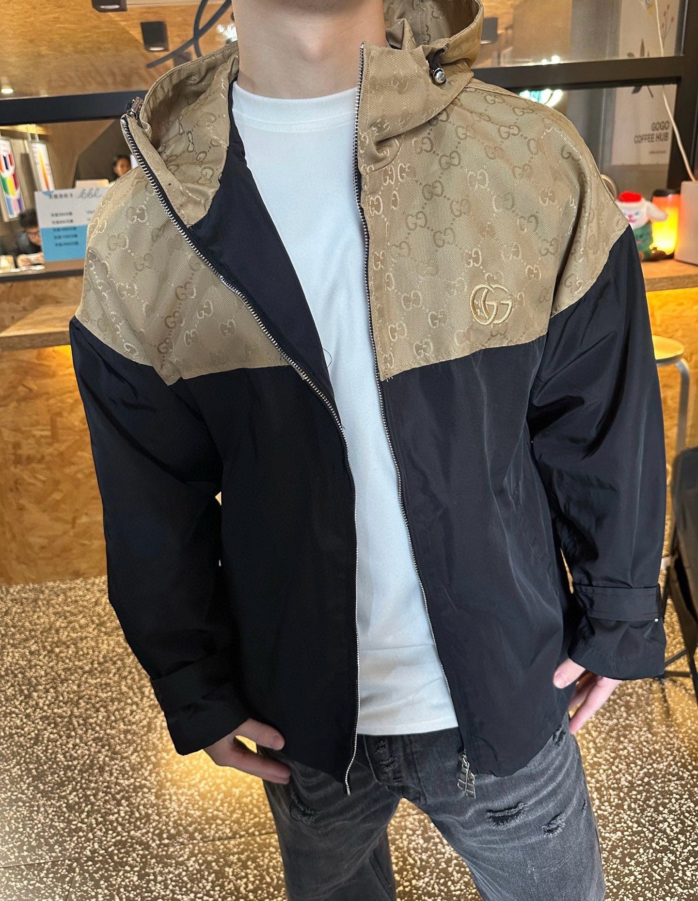 GG patchwork printed hooded trench coat 0725091002