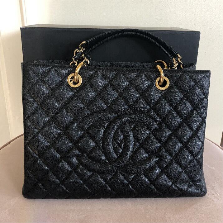 Authentic Cl CC BlackGold Caviar Quilted Grand Shopping Tote 0424031803