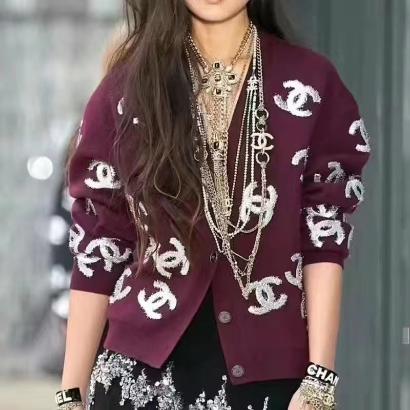 ORIGINAL STANDARD LOOSEVERSION VNECK DOUBLE CTHREE-DIMENSIONAL CARDIGANKNITTED JACKET