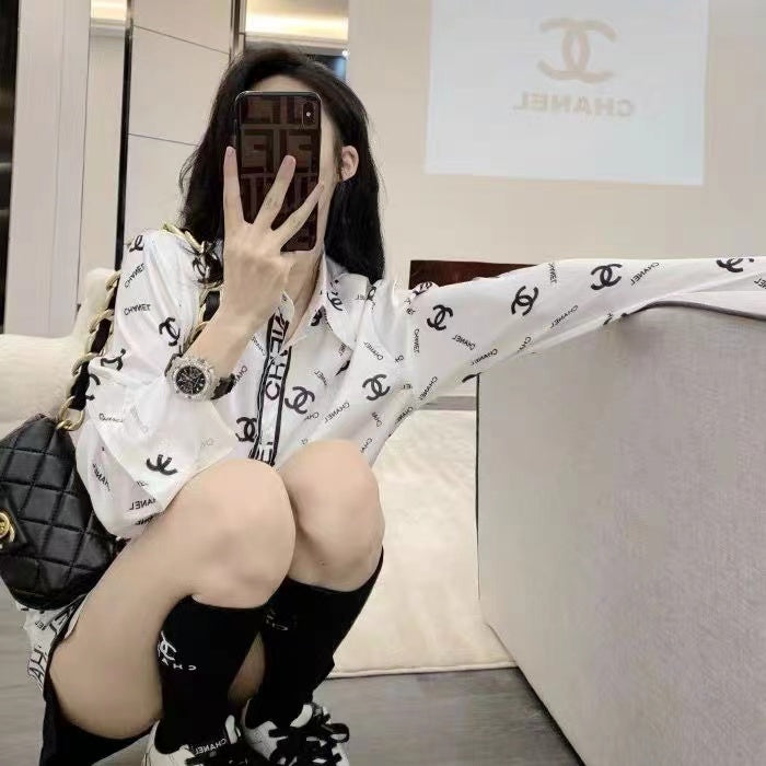 Small fragrance letter printing sky silk satin long-sleeved shirt loose temperament mid-length polo top tide