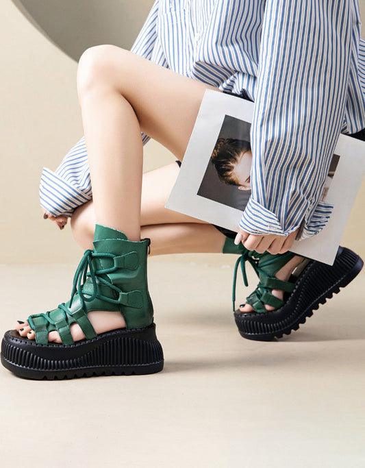 Cross Lace-up Open Toe Platform Sandals Boots