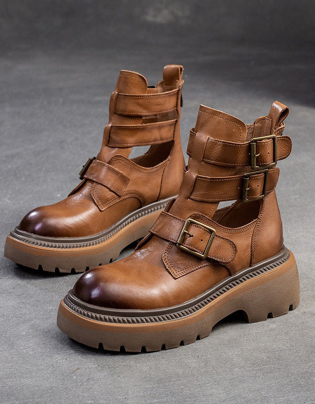 Real Leather Buckles Design Cut-out Martin Boots Sandals