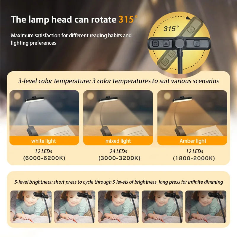 USB Charging Reading Light Warm Cold White Sunlight Portable Easy to Clip Night Reading Light