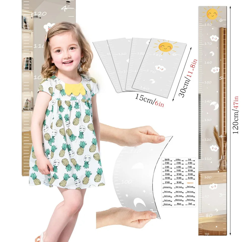 Acrylic Puzzle Mirror Growth Chart Shatterproof Foldable Kids Height Mirror Ruler with Cartoon Sticker Measuring Tape