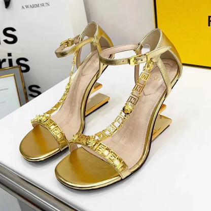 Gold Metallic Diagonal F-Shaped Heel Sandals 1025042325