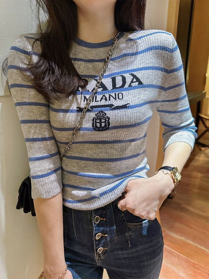 2023 New Slim Blue Gray Striped Short Sleeves PD10062748