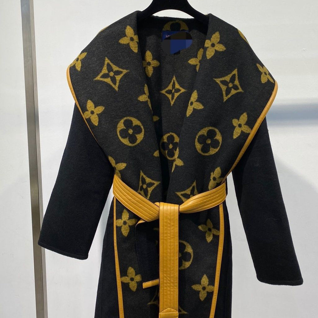 New autumn and winter woolen coat women's belt waist slimming hooded trench coat print coat women