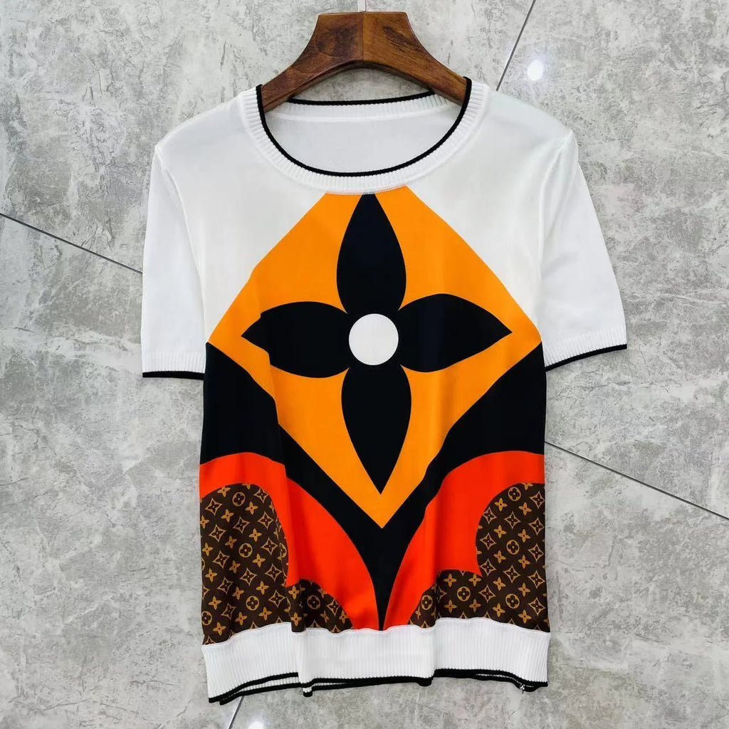 New Satin Fashion Printed T-shirt Short Sleeve 1024052116