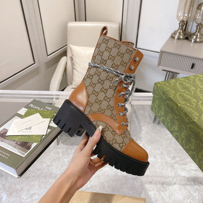 GG Jacquard canvas lace-up nude boots 0725102401