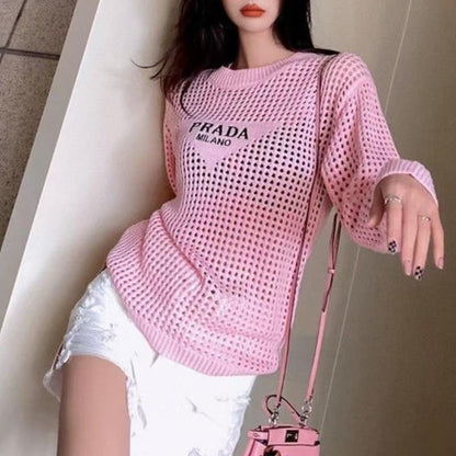 New hollow out knit sweater loose and versatile long sleeved pullover 1024030808