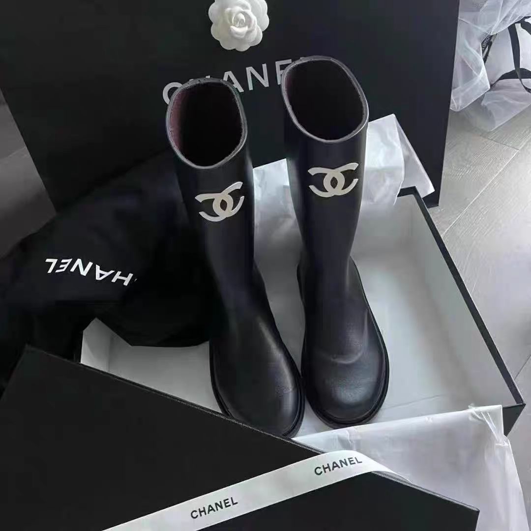 Black Leather C Logo Women's Fashion BootsXC052023110202