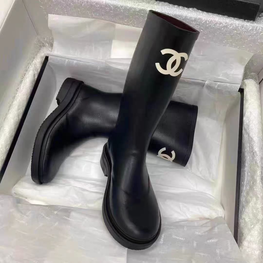 Black Leather C Logo Women's Fashion BootsXC052023110202