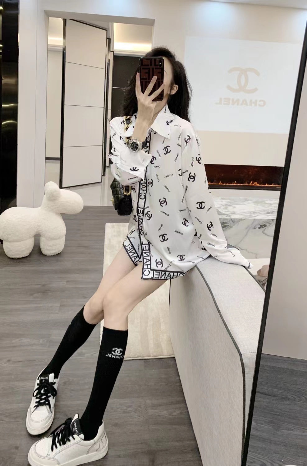 Small fragrance letter printing sky silk satin long-sleeved shirt loose temperament mid-length polo top tide