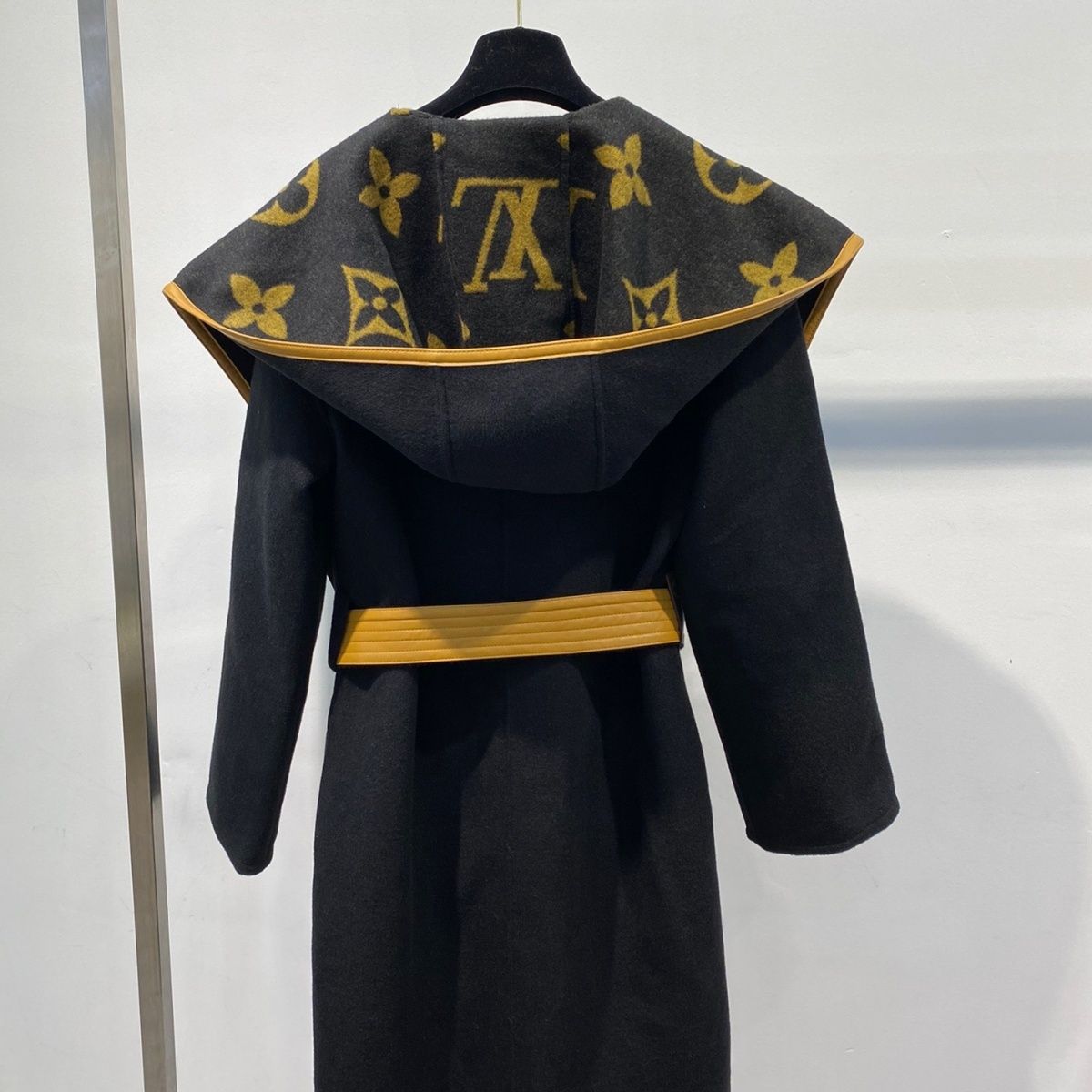 New autumn and winter woolen coat women's belt waist slimming hooded trench coat print coat women