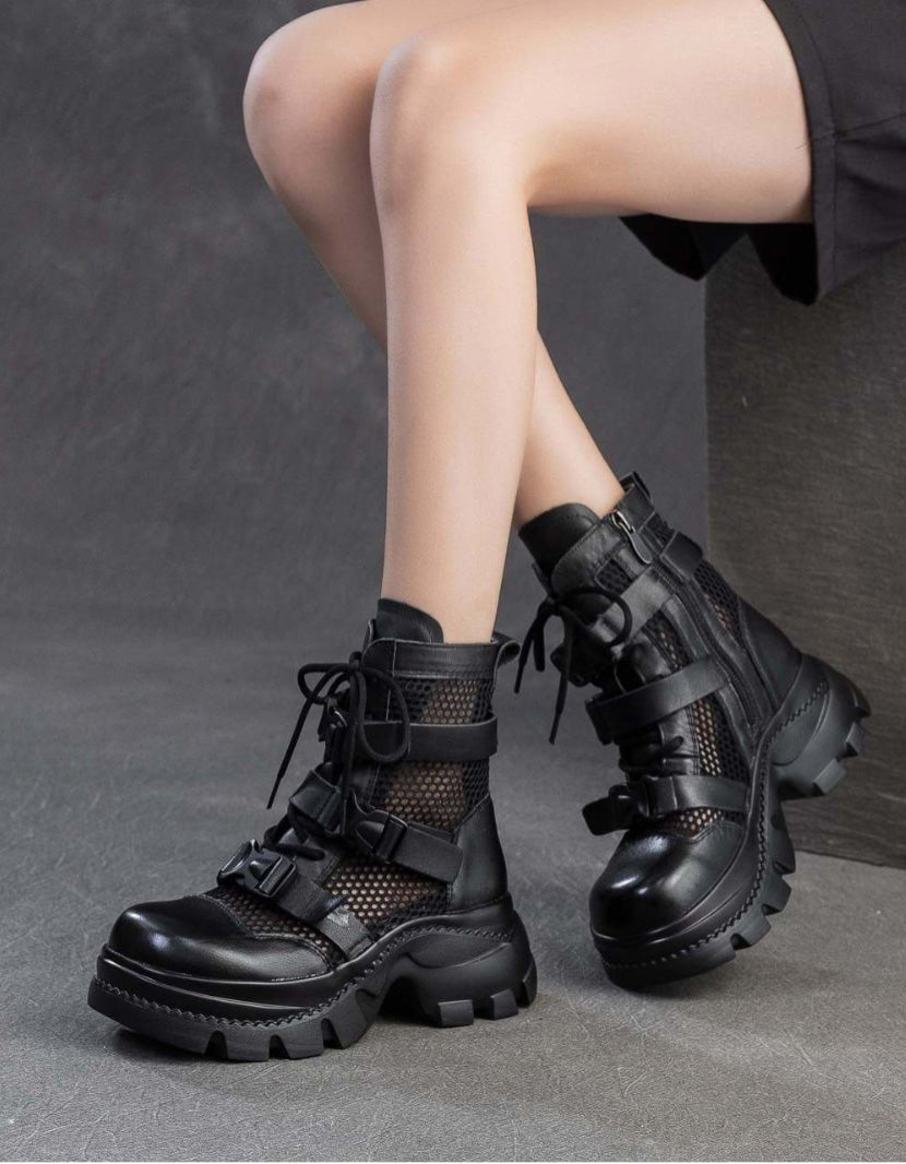 Buckle Front Retro Mesh Platform Sandals Boots