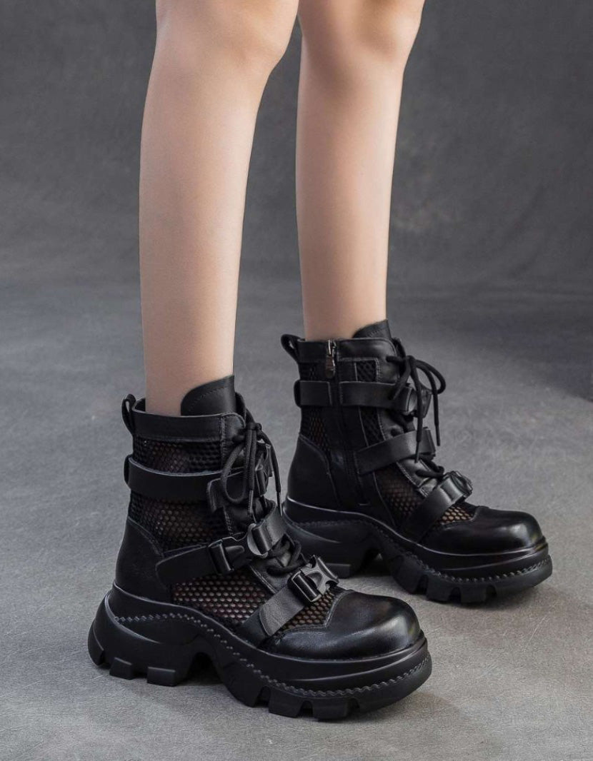 Buckle Front Retro Mesh Platform Sandals Boots