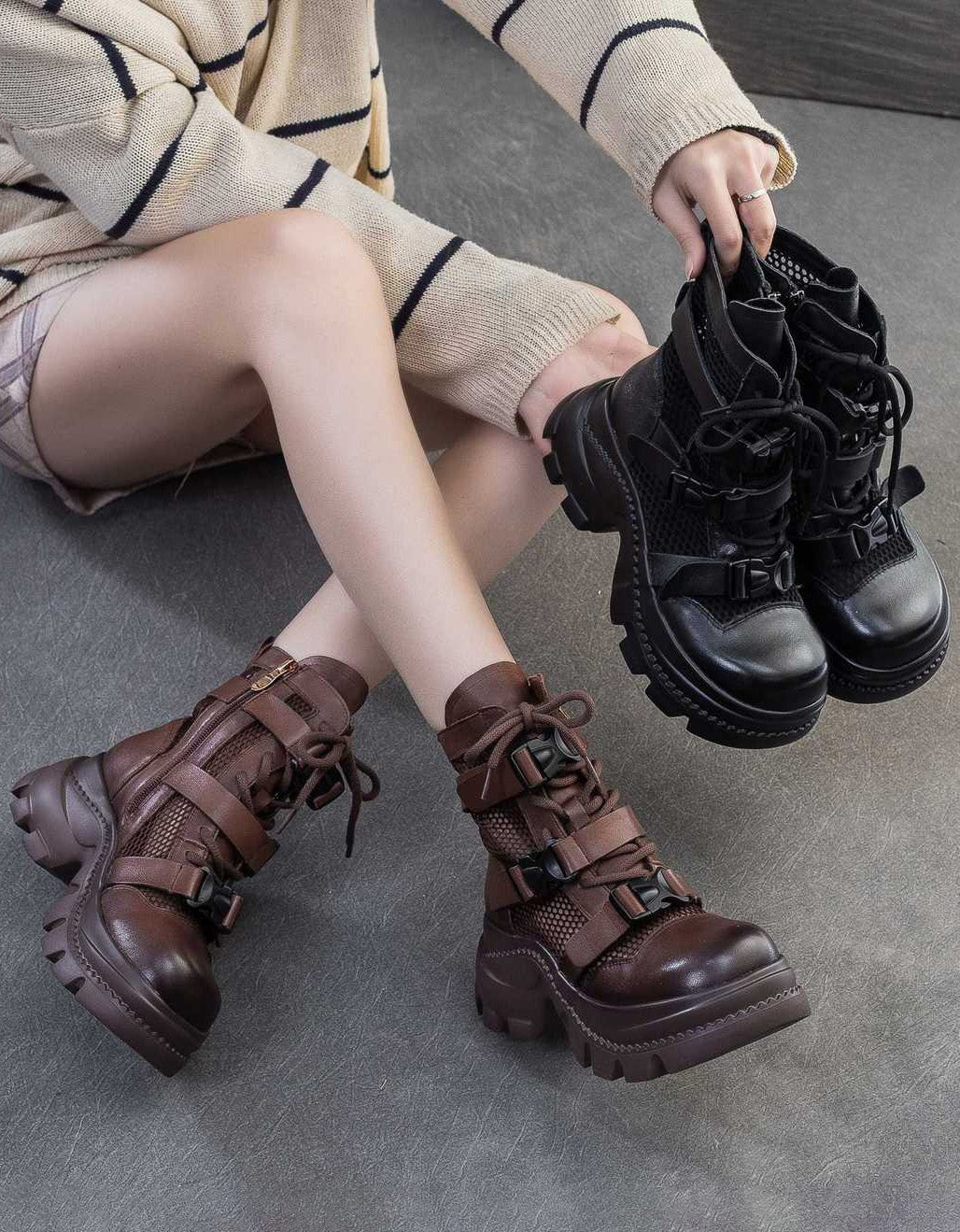 Buckle Front Retro Mesh Platform Sandals Boots