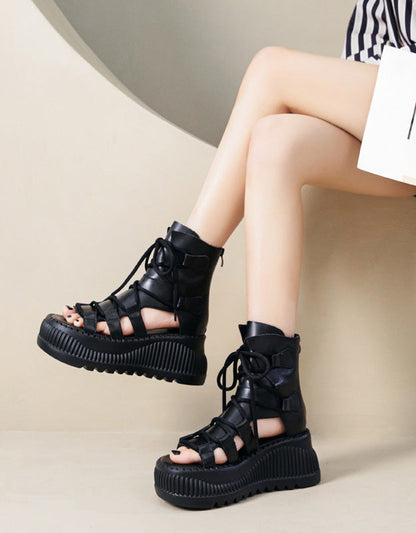 Cross Lace-up Open Toe Platform Sandals Boots