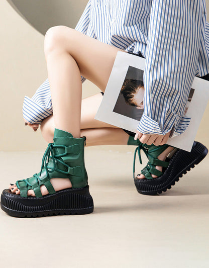 Cross Lace-up Open Toe Platform Sandals Boots