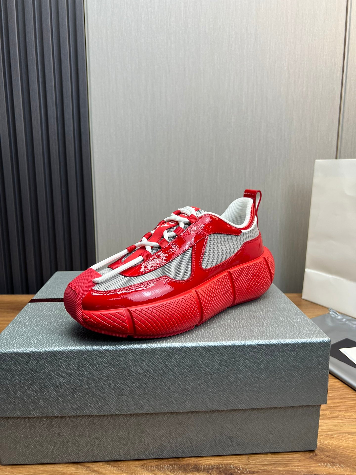 PR patent leather and mesh lace-up sneakers 0724111901