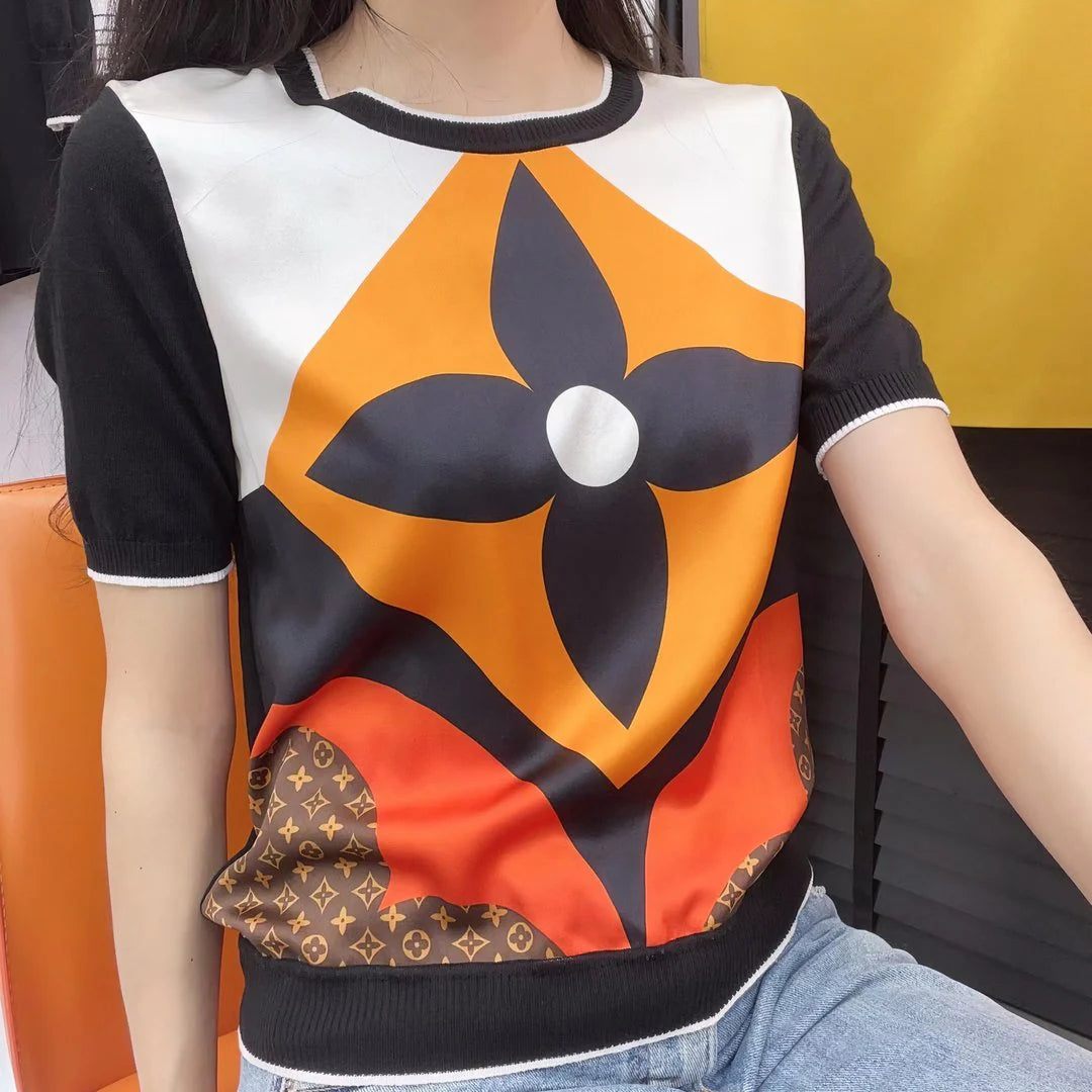 New Satin Fashion Printed T-shirt Short Sleeve 1024052116