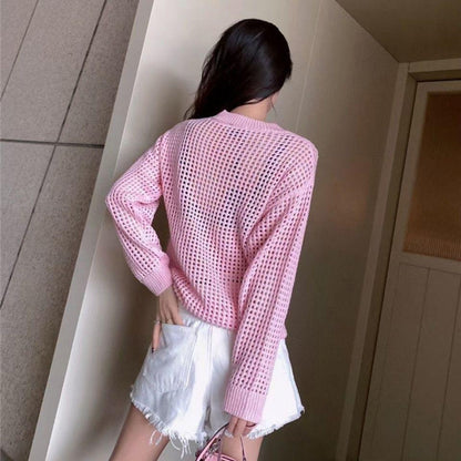 New hollow out knit sweater loose and versatile long sleeved pullover 1024030808