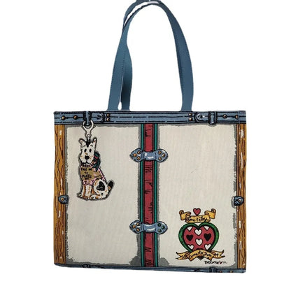 Women's canvas cartoon printed shopping bag, one shoulder handbag, canvas dog, large capacity