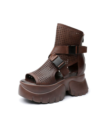 Hollow Leather Strap Open Toe Platform Sandals