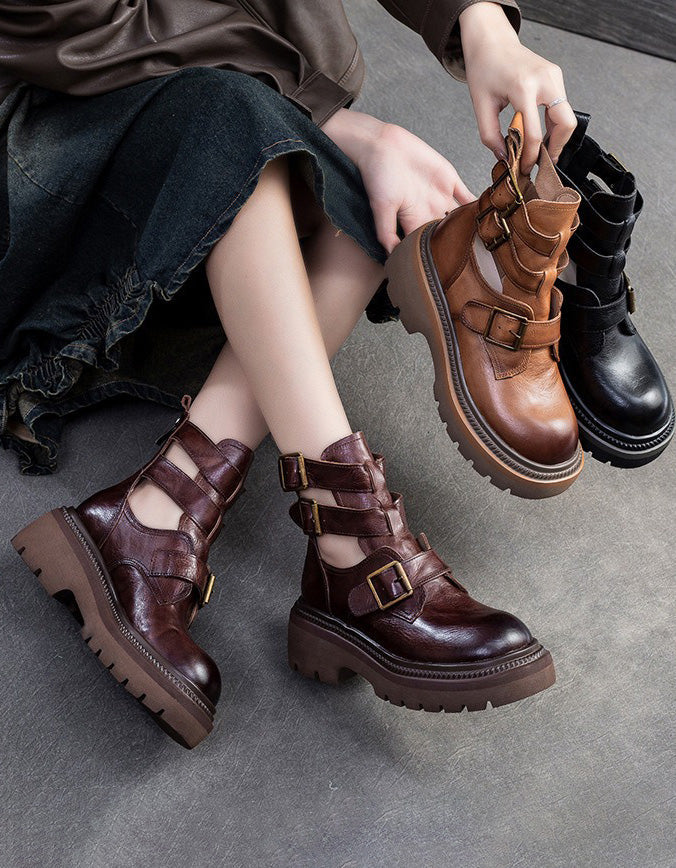 Real Leather Buckles Design Cut-out Martin Boots Sandals
