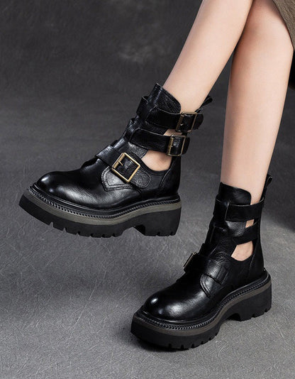 Real Leather Buckles Design Cut-out Martin Boots Sandals