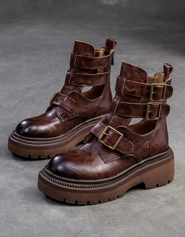 Real Leather Buckles Design Cut-out Martin Boots Sandals