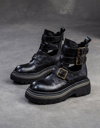 Real Leather Buckles Design Cut-out Martin Boots Sandals