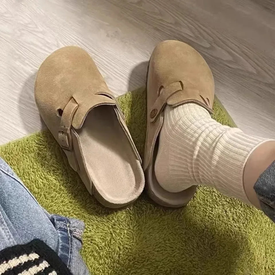 New retro solid color soft sole sloping back round toe thick sole suede women's shoes