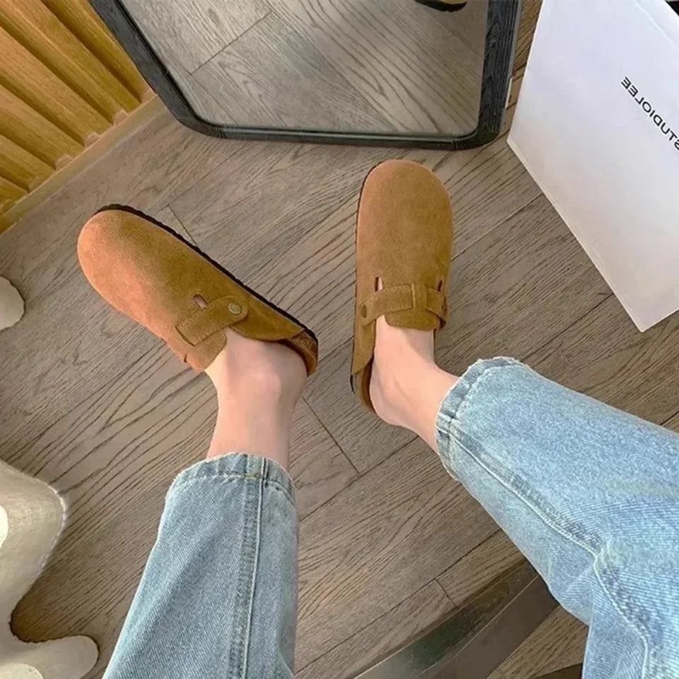 New retro solid color soft sole sloping back round toe thick sole suede women's shoes