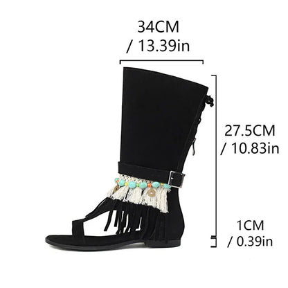 SIMLOVEYO Women's Sandals Fluffy Summer Boots Tassles Flat Shoes Bohemian
