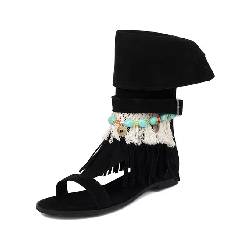 SIMLOVEYO Women's Sandals Fluffy Summer Boots Tassles Flat Shoes Bohemian