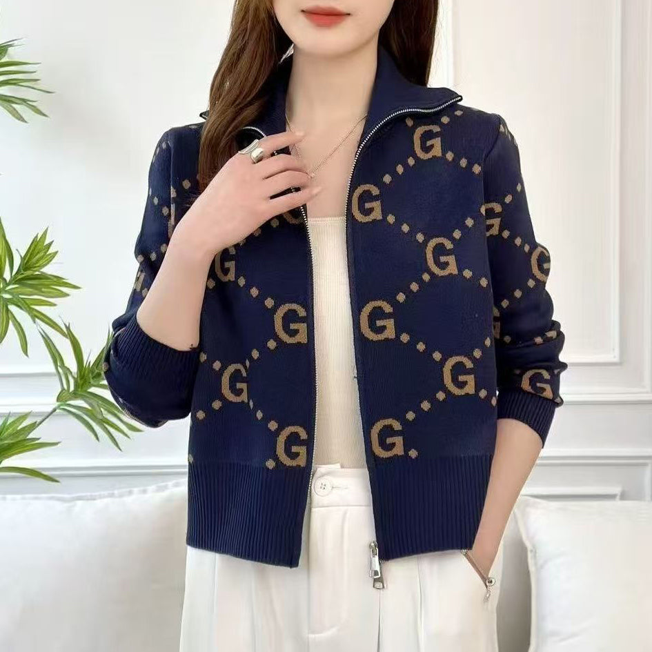 Stand-Up Collar Jacquard Letter G Knit Sweater 1025090302