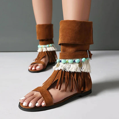 SIMLOVEYO Women's Sandals Fluffy Summer Boots Tassles Flat Shoes Bohemian