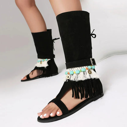 SIMLOVEYO Women's Sandals Fluffy Summer Boots Tassles Flat Shoes Bohemian