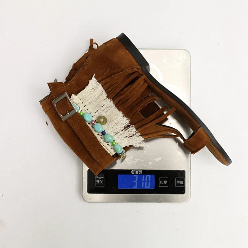 SIMLOVEYO Women's Sandals Fluffy Summer Boots Tassles Flat Shoes Bohemian