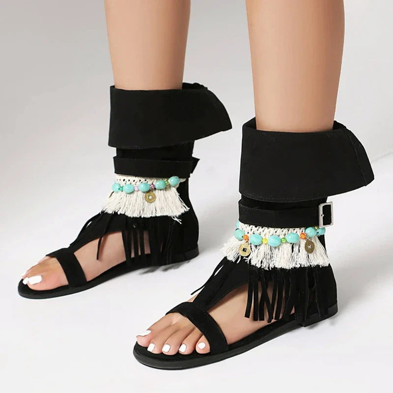 SIMLOVEYO Women's Sandals Fluffy Summer Boots Tassles Flat Shoes Bohemian