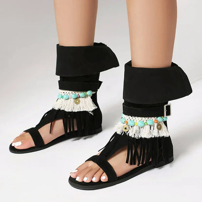 SIMLOVEYO Women's Sandals Fluffy Summer Boots Tassles Flat Shoes Bohemian